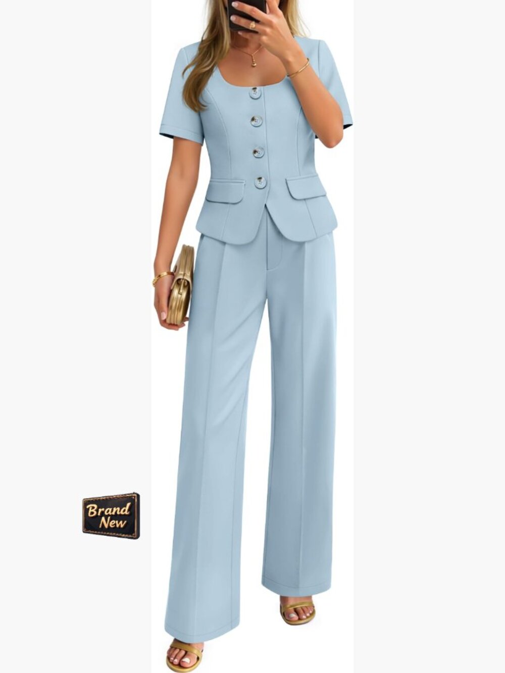Short Sleeve Blazer Wide Leg Pants Two Piece Suit Set Business Casual Outfit